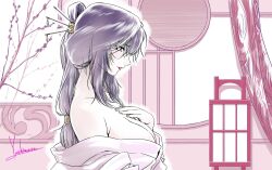 1girl absurdres basilisk_(manga) branch breasts cleavage commentary_request folded_ponytail from_side hair_ornament hair_stick highres japanese_clothes kagerou_(basilisk) kimono large_breasts loose_clothes off_shoulder parted_lips pink_kimono profile red_lips signature solo yoshinaga_masahiro