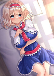 Rule 34 | 1girl, alice margatroid, ascot, bed, blonde hair, blue dress, blue eyes, blush, breast lift, breasts, capelet, dress, frilled ascot, frilled dress, frilled hairband, frills, hairband, highres, large breasts, looking at viewer, lying, medium hair, red hairband, reijing etrn, smile, solo, touhou, white capelet