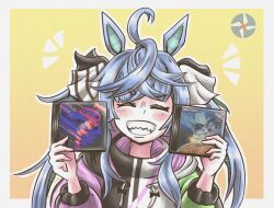 Rule 34 | 1girl, ^ ^, absurdres, ahoge, animal ears, blue hair, blush, border, bow, cd case, closed eyes, commentary, crossed bangs, english commentary, film grain, gradient background, grin, hair bow, hands up, highres, holding, hood, hoodie, horse ears, horse girl, judas priest, long hair, long sleeves, multicolored clothes, multicolored hoodie, notice lines, outline, outside border, sharp teeth, sidelocks, smile, solo, striped, striped bow, takashi romanov, teeth, twin turbo (umamusume), twintails, umamusume, white border, white outline, yellow background