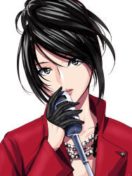 Rule 34 | 1girl, black gloves, black hair, buttons, chihara minori, gloves, half gloves, holding, holding microphone, jewelry, lens flare, lipstick, looking at viewer, makeup, microphone, microphone stand, necklace, parted lips, real life, sen (sansui), simple background, solo, swept bangs, upper body, voice actor, white background
