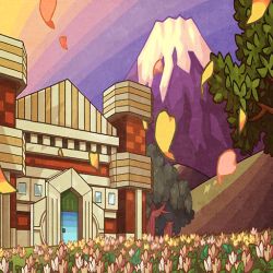 Rule 34 | building, creatures (company), door, falling leaves, field, flower, flower field, game cg, game freak, hill, leaf, mountain, nintendo, no humans, official art, outdoors, pokemon, pokemon hgss, pokemon masters ex, sky, still life, sunset, tree, wind