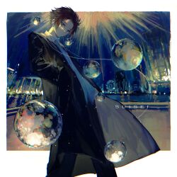 Rule 34 | 1boy, black pants, blue eyes, blue lock, border, building, city lights, cityscape, coat, collared shirt, ferris wheel, from side, hand in pocket, headphones, highres, itoshi sae, leaning back, light, light reflection (water), looking down, male focus, night, night sky, pants, pool, red hair, scenery, shirt, sky, solo, spiked hair, stairs, standing, striped clothes, striped shirt, vertical-striped clothes, vertical-striped shirt, water, white border, yukinoneko