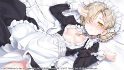 Rule 34 | 1girl, apron, arm up, azur lane, bed sheet, black dress, blush, braid, breasts, closed mouth, commentary request, copyright notice, cross, dress, frilled apron, frilled dress, frills, hair over one eye, hand up, juliet sleeves, latin cross, light brown hair, long sleeves, lying, maid, maid headdress, moeki yuuta, nose blush, official art, on back, open clothes, open shirt, orange eyes, pill, puffy sleeves, sheffield (azur lane), shirt, short hair, small breasts, solo, wavy mouth, white apron, white shirt