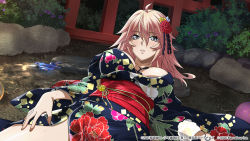 Rule 34 | 1girl, ahoge, alternate costume, black kimono, breasts, cleavage, flower, game cg, grey eyes, hair between eyes, hair flower, hair ornament, hairpin, highres, ikkitousen, japanese clothes, kimono, large breasts, long hair, lying, on back, outdoors, parted lips, pink hair, print kimono, red flower, shibai chuutatsu, side slit, solo, wet, wet hair, yellow flower
