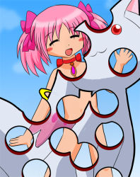 Rule 34 | 1girl, :3, bow, bullet hole, censored, choker, closed eyes, convenient censoring, hair bow, hole, kaname madoka, kyubey, magical girl, mahou shoujo madoka magica, mahou shoujo madoka magica (anime), md5 mismatch, nude, parody, pink eyes, pink hair, resolution mismatch, short hair, short twintails, source larger, spoilers, sudou renji, twintails, waving