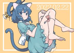 Rule 34 | 1girl, animal ears, barefoot, belt, blue dress, blue eyes, blue hair, breasts, cat day, cat ears, cat tail, collared vest, dress, frills, hair ornament, hair rings, hair stick, itatatata, jewelry, kaku seiga, leg ribbon, looking at viewer, medium breasts, medium hair, ofuda, open clothes, open vest, puffy short sleeves, puffy sleeves, ribbon, short sleeves, tail, toes, touhou, vest, white vest, yellow background