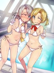 Rule 34 | 10s, 2girls, agaga, ascot, asymmetrical hair, bikini, blonde hair, blush, breasts, colored eyelashes, detached collar, gloves, green eyes, grey eyes, highres, kantai collection, looking at viewer, maikaze (kancolle), multiple girls, navel, necktie, nowaki (kancolle), one eye closed, ponytail, rei no pool, short hair, silver hair, small breasts, smile, standing, swimsuit, v, yellow necktie