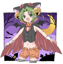 Rule 34 | 1girl, :d, alternate costume, animal hat, ballpoint pen (medium), bell, black vest, cape, cat hat, cowboy shot, crescent moon, dejiko, di gi charat, fangs, fujiwara tatsuroo, green eyes, green hair, hair bell, hair ornament, halloween, halloween costume, hat, jack-o&#039;-lantern, jingle bell, moon, open mouth, orange shorts, out of frame, outside border, outstretched arms, popped collar, short hair, short shorts, shorts, sleeveless, smile, solo, spread arms, thighhighs, traditional media, vest, wrist cuffs, zettai ryouiki