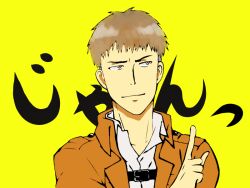 Rule 34 | 1boy, belt, belt buckle, black belt, black outline, brown eyes, brown hair, brown jacket, buckle, character name, closed mouth, collared jacket, collared shirt, commentary request, hand up, index finger raised, jacket, jean kirstein, male focus, military uniform, mutsuki nanaho, outline, portrait, scene reference, shingeki no kyojin, shirt, short hair, sideways glance, smug, solo, uniform, very short hair, white shirt, yellow background