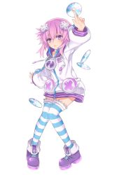 Rule 34 | 10s, 1girl, bad id, bad pixiv id, cd, d-pad, full body, hair ornament, hatyo, hood, hoodie, knees together feet apart, neptune (neptunia), neptune (series), purple eyes, purple hair, short hair, simple background, solo, standing, striped clothes, striped thighhighs, thighhighs, white background, zettai ryouiki