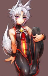 Rule 34 | 1boy, :&lt;, animal ears, bare shoulders, bell, brown background, bulge, collar, earrings, fox ears, fox tail, frown, grey eyes, highres, hugging own legs, jewelry, male focus, neck bell, original, purple eyes, short hair, side slit, simple background, sitting, skin tight, sleeveless, smile, solo, tail, taishi (picchiridou), thick thighs, thighs, trap, white hair, yume rame