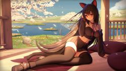 Rule 34 | 1girl, absurdres, animal ears, bare shoulders, black footwear, black hair, black shirt, black skirt, black thighhighs, breasts, cat ears, cat girl, cat tail, choker, cleavage, clickdraws, closed mouth, collarbone, commission, crop top, day, detached sleeves, hand up, high heels, highres, indie virtual youtuber, lanfear, large breasts, long hair, long sleeves, looking at viewer, md5 mismatch, midriff, miniskirt, navel, pleated skirt, red choker, red eyes, resolution mismatch, revealing clothes, ribbed legwear, ribbon choker, shirt, skirt, smile, solo, source smaller, strapless, strapless shirt, tail, thighhighs, thighs, very long hair, virtual youtuber, vrchat, zettai ryouiki