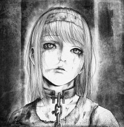 Rule 34 | 1girl, blood, blood stain, chain, chained, collar, dirty, dirty clothes, dirty face, expressionless, greyscale, hairband, highres, looking up, marvin (omarvin), metal collar, monochrome, portrait, shingeki no kyojin, solo, upper body, ymir fritz