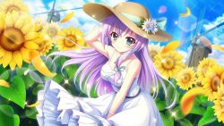 Rule 34 | 1girl, bare arms, bare shoulders, blue bow, blue ribbon, blue sky, bow, breasts, cleavage, closed mouth, cloud, day, dot nose, dress, falling petals, field, film grain, flower, flower field, game cg, green eyes, hair ribbon, hand on headwear, hat, hat bow, hat flower, hat ribbon, hokaze kanade, izumi tsubasu, jewelry, large breasts, lens flare, long hair, looking at viewer, necklace, non-circular lens flare, non-web source, official art, outdoors, petals, purple hair, re:stage!, ribbon, skirt, skirt tug, sky, smile, solo, sparkle, sundress, sunflower, sunflower field, white dress, white flower, white wristband, wind, windmill