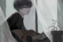 Rule 34 | 1boy, black eyes, black hair, curtains, guitar, hair over one eye, holding, holding instrument, instrument, looking at viewer, looking down, male focus, original, parted lips, plant, potted plant, solo, zumochi