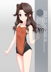 Rule 34 | 1girl, alternate breast size, artist name, brown eyes, brown hair, character name, checkered background, commentary request, competition swimsuit, cowboy shot, flat chest, gradient background, hair intakes, half updo, highres, inaba shiki, jintsuu (kancolle), kantai collection, long hair, looking at viewer, one-hour drawing challenge, one-piece swimsuit, orange one-piece swimsuit, smile, solo, standing, swimsuit