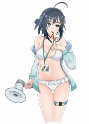 Rule 34 | 1girl, ahoge, arknights, bare shoulders, bikini, black hair, blue jacket, commentary, cyari (cyari art), grey eyes, highres, holding, holding megaphone, jacket, la pluma (arknights), la pluma (summer flowers) (arknights), long sleeves, looking at viewer, megaphone, mouth hold, navel, open clothes, open jacket, short hair, simple background, solo, standing, stomach, swimsuit, thigh strap, thighs, whistle, white background, white bikini
