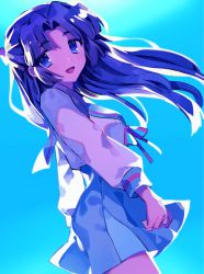 Rule 34 | 1girl, :d, asakura ryouko, blue background, blue eyes, blue hair, blue sailor collar, blue skirt, blue theme, commentary request, highres, kita high school uniform, long hair, long sleeves, looking at viewer, mochoeru, open mouth, parted bangs, red ribbon, ribbon, sailor collar, school uniform, serafuku, simple background, skirt, smile, solo, suzumiya haruhi no yuuutsu