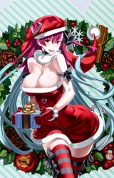 Rule 34 | 00s, 10s, 1girl, apple, bare shoulders, blush, box, breasts, candy, candy cane, cleavage, cowboy shot, food, fruit, fur trim, gift, gift box, gloves, hat, heart, highres, holly, honjou raita, large breasts, long hair, mistletoe, multicolored hair, official art, open mouth, pinecone, pink hair, red eyes, ribbon, riela marcellis, santa costume, santa hat, senjou no valkyria, senjou no valkyria (series), senjou no valkyria 3, silver hair, smile, snowman, solo, striped clothes, striped thighhighs, thighhighs, very long hair, wide hips, wreath