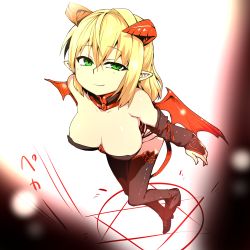 Rule 34 | 1girl, alternate costume, bad id, bad pixiv id, bare shoulders, blonde hair, breasts, bridal gauntlets, cleavage, demon girl, demon tail, demon wings, detached collar, detached sleeves, green eyes, harness, hexagram, highres, horns, large breasts, looking at viewer, mizuga, mizuhashi parsee, pointy ears, short hair, solo, demon girl, tail, thighhighs, touhou, wings