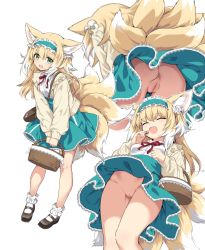 Rule 34 | 1girl, :d, ^ ^, animal ears, ankle cuffs, anus, arknights, ass, bare legs, basket, black footwear, blonde hair, blue skirt, cardigan, cleft of venus, closed eyes, female focus, fox ears, fox girl, fox tail, frilled hairband, frills, full body, green eyes, hair down, hairband, high-waist skirt, highres, holding, holding basket, kataokasan, kitsune, long hair, long sleeves, multicolored hair, multiple tails, multiple views, necktie, no panties, official alternate costume, open cardigan, open clothes, open mouth, pussy, red ribbon, ribbon, shirt, shirt tucked in, shoes, simple background, skirt, smile, standing, streaked hair, suzuran (arknights), suzuran (spring praise) (arknights), tail, upskirt, white background, white hair, white shirt, yellow cardigan