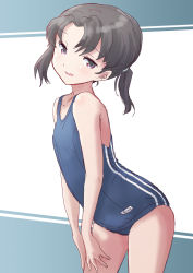 Rule 34 | 1girl, black hair, blue one-piece swimsuit, commentary request, cowboy shot, flat chest, fuji (pixiv24804665), highres, kantai collection, leaning forward, looking at viewer, one-piece swimsuit, purple eyes, school swimsuit, short hair, shounan (kancolle), solo, striped, swimsuit, twintails, vertical stripes