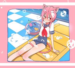 Rule 34 | 1girl, animal ears, arm support, between legs, blush, bural chingu, cat ears, cat tail, highres, inflatable raft, lee ji-eun (bural chingu), looking to the side, luke (dydansgur), nose blush, out of frame, outside border, pink background, pink hair, red eyes, rubber duck, school swimsuit, school uniform, shampoo, short hair, short hair with long locks, sidelocks, sitting, soap bubbles, solo, swimsuit, swimsuit under clothes, tail, tail between legs, washtub, wavy mouth
