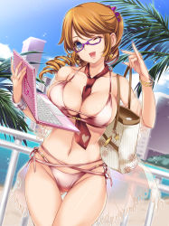 Rule 34 | 1girl, bag, bangle, beach, between breasts, bikini, blue eyes, blush, bracelet, breasts, brown hair, cleavage, computer, day, earrings, highres, jewelry, laptop, large breasts, long hair, monety, necklace, necktie, necktie between breasts, one eye closed, open mouth, original, pink bikini, red necktie, shawl, shoulder bag, smile, solo, sunglasses, swimsuit