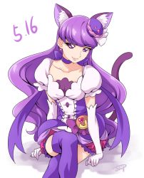 Rule 34 | 10s, 1girl, animal ears, cat ears, cat tail, chocokin, choker, closed mouth, collarbone, cropped legs, crossed legs, cure macaron, earrings, elbow gloves, extra ears, food-themed hair ornament, gloves, hair ornament, jewelry, kirakira precure a la mode, kotozume yukari, layered skirt, long hair, looking at viewer, macaron hair ornament, magical girl, precure, puffy sleeves, purple choker, purple eyes, purple hair, purple thighhighs, ribbon choker, sitting, skirt, smile, solo, tail, thighhighs, white background, white gloves