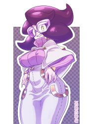 Rule 34 | 1girl, absurdres, big hair, border, breasts, cape, covered erect nipples, creatures (company), game freak, glasses, green eyes, grin, highres, kaikoinu, large breasts, looking at viewer, nintendo, outline, pencil skirt, pokemon, pokemon sm, purple hair, skirt, smile, solo, turtleneck, white border, white outline, white skirt, wicke (pokemon), wide hips
