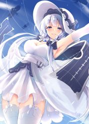 Rule 34 | 1girl, aircraft, airplane, anchor, arm up, azur lane, biplane, blue eyes, blue sky, blush, breasts, cleavage, dress, elbow gloves, garter straps, gloves, hair ornament, hair ribbon, hat, highres, illustrious (azur lane), lace trim, large breasts, long hair, looking at viewer, mole, mole under eye, narushima kanna, ribbon, sky, smile, solo, strapless, strapless dress, sun hat, teeth, thighhighs, white dress, white gloves, white hair, white hat, white thighhighs