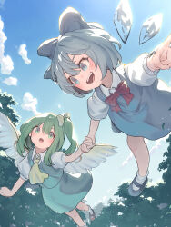 Rule 34 | 2girls, :o, absurdres, ascot, black footwear, blue bow, blue dress, blue eyes, blue hair, blue sky, blush, bow, bowtie, brown footwear, cirno, cloud, commentary request, daiyousei, dress, fairy wings, flying, full body, garasuno, green dress, green eyes, green hair, hair bow, happy, highres, holding hands, ice, ice wings, mary janes, multiple girls, open mouth, outdoors, pinafore dress, puffy short sleeves, puffy sleeves, red bow, red bowtie, shirt, shoes, short sleeves, side ponytail, sky, sleeveless, sleeveless dress, socks, teeth, touhou, tree, upper teeth only, white footwear, white shirt, white socks, wings, yellow ascot