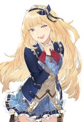 Rule 34 | 10s, 1girl, :d, blonde hair, blue skirt, cagliostro (granblue fantasy), cagliostro (youthful uniform) (granblue fantasy), cowboy shot, duoyuanjun, finger to cheek, frilled skirt, frills, granblue fantasy, hair ribbon, hairband, highres, long hair, looking at viewer, open mouth, purple eyes, ribbon, school uniform, simple background, skirt, smile, smirk, solo, standing, white background