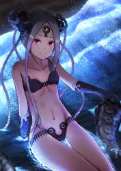 Rule 34 | 1girl, abigail williams (fate), abigail williams (swimsuit foreigner) (fate), abigail williams (swimsuit foreigner) (first ascension) (fate), amane sora, bare shoulders, bikini, black bikini, black bow, bow, breasts, collarbone, colored skin, double bun, fate/grand order, fate (series), forehead, hair bun, highres, keyhole, long hair, looking at viewer, micro bikini, multiple bows, navel, orange bow, parted bangs, pink eyes, shore, sidelocks, sitting, small breasts, smile, swimsuit, tentacles, thighs, third eye, very long hair, water, white hair, white skin