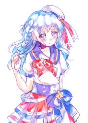 Rule 34 | 1girl, alternate hair length, alternate hairstyle, blue eyes, blue hair, blush, bow, dorothy west, twirling hair, hat, highres, layered skirt, looking at viewer, noromame, pretty series, pripara, red bow, sailor collar, sailor hat, short sleeves, simple background, skirt, solo, star (symbol), white background