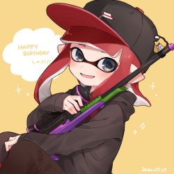 Rule 34 | 1girl, bad id, bad twitter id, baseball cap, black hat, black pants, black shirt, blunt bangs, blunt ends, commentary, dated, grey eyes, happy birthday, hat, highres, holding, holding weapon, hood, hood down, hoodie, inkling, inkling girl, inkling player character, long hair, long sleeves, looking at viewer, nintendo, open mouth, pants, pointy ears, red hair, scope, shirt, sitting, smile, solo, sparkle, splat charger (splatoon), splatoon (series), splatoon 2, symbol-only commentary, tentacle hair, weapon, yellow background, yuzutouhu ika