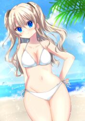 Rule 34 | 1girl, alternate costume, arm at side, beach, bikini, bird, blue eyes, blue sky, blurry, blurry background, blush, breasts, charlotte (anime), cleavage, closed mouth, collarbone, commentary request, cowboy shot, curvy, eyes visible through hair, gluteal fold, grey hair, groin, hair between eyes, halterneck, hand on own hip, head tilt, highres, large breasts, long hair, looking at viewer, navel, ocean, outdoors, palm leaf, seagull, shiny skin, side-tie bikini bottom, sidelocks, sky, smile, solo, sparkle, standing, stomach, swimsuit, thigh gap, thighs, tomori nao, twitter username, two side up, wavy hair, white bikini, yaki-ayato
