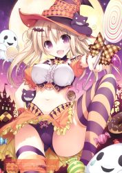 Rule 34 | &gt;:d, 1girl, :d, absurdres, asymmetrical legwear, bat (animal), blonde hair, blush, breasts, candy, candy wrapper, castle, cat, center frills, checkerboard cookie, cookie, fang, food, frills, full moon, ghost, hair ornament, hairclip, halloween, hat, highres, horizontal-striped legwear, jack-o&#039;-lantern, karory, lollipop, looking at viewer, moon, open mouth, orange thighhighs, oversized object, panties, purple eyes, purple panties, purple thighhighs, single thighhigh, smile, smiley face, solo, striped clothes, striped thighhighs, tareme, thigh strap, thighhighs, underwear, uneven legwear, v-shaped eyebrows, witch, witch hat