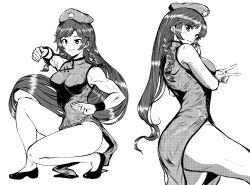 Rule 34 | 1girl, :/, absurdres, beret, bow, braid, breasts, china dress, chinese clothes, closed mouth, commentary request, cowboy shot, dress, dual persona, fighting stance, from side, greyscale, hair bow, hair ribbon, hat, hat ornament, head tilt, highres, hong meiling, large breasts, light smile, long hair, looking at viewer, medium breasts, monochrome, muscular, muscular female, parted bangs, ribbon, sen (daydream 53), side braid, side slit, simple background, sleeveless, solo, squatting, standing, star (symbol), star hat ornament, swept bangs, thighs, toned, touhou, tress ribbon, v, very long hair, white background, wristband