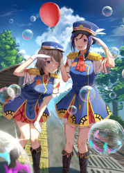 Rule 34 | 2girls, ;d, ascot, balloon, black footwear, blue eyes, blue hair, blue jacket, blue sky, blush, boots, brown hair, bubble, cloud, cloudy sky, commentary request, day, epaulettes, gloves, hand up, happy party train, hat, highres, holding, holding balloon, jacket, k ryo, leaning forward, looking at viewer, love live!, love live! sunshine!!, matsuura kanan, multiple girls, necktie, one eye closed, open mouth, outdoors, path, purple eyes, red ascot, red necktie, road, salute, shirt, short hair, short sleeves, sky, sleeveless, sleeveless jacket, smile, standing, tree, watanabe you, white gloves, white shirt