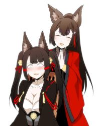 Rule 34 | 2girls, akagi-chan (azur lane), akagi (azur lane), alternate hairstyle, amagi (azur lane), animal ears, azur lane, bell, black kimono, blunt bangs, breasts, brown hair, choker, cleavage, commentary, commentary request, eyeliner, eyeshadow, fox ears, fox girl, hair bell, hair ornament, japanese clothes, kimono, large breasts, long hair, makeup, multiple girls, own hands clasped, own hands together, sitting, standing, steed (steed enterprise), thick eyebrows, wide sleeves
