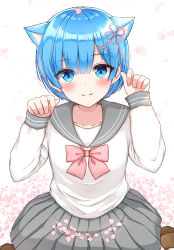 Rule 34 | 1girl, absurdres, animal ear fluff, animal ears, blue eyes, blue hair, blush, bow, brown footwear, cat ears, cherry blossoms, closed mouth, collarbone, commentary request, fangs, fangs out, female focus, grey sailor collar, grey skirt, hair ornament, hairclip, hands up, highres, kemonomimi mode, loafers, long sleeves, looking at viewer, matching hair/eyes, paw pose, petals, pink bow, pleated skirt, re:zero kara hajimeru isekai seikatsu, rem (re:zero), sailor collar, school uniform, serafuku, shirt, shoes, short hair, skirt, sleeves past wrists, smile, solo, white shirt, x hair ornament, yukiunag1