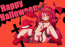 Rule 34 | 1girl, bad id, bad pixiv id, bat wings, blush, breasts, hairband, halloween, hat, head wings, highres, looking at viewer, maebari, navel, nekokan-nekokan, original, red eyes, red hair, red legwear, red theme, revealing clothes, sitting, small breasts, solo, spread legs, strapless bottom, triangle mouth, twintails, underboob, wings, witch hat