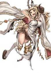 Rule 34 | 10s, 1girl, ahoge, anila (granblue fantasy), armpits, blonde hair, breasts, cleavage, draph, eyebrows, female focus, gloves, granblue fantasy, highres, horns, large breasts, long hair, sandals, sheep horns, simple background, smile, socks, solo, thick eyebrows, thighs, tomiokasena, very long hair, white background, white gloves, white socks