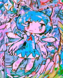 Rule 34 | 1girl, abstract, bad id, bad twitter id, barefoot, blue bow, blue dress, blue hair, bow, cirno, dress, hair bow, hito (nito563), ice, ice wings, melting, multicolored eyes, open mouth, puffy short sleeves, puffy sleeves, short hair, short sleeves, solo, touhou, wings