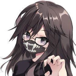 Rule 34 | 1girl, black-framed eyewear, black hair, black shirt, claw pose, glasses, hair between eyes, hand up, highres, long hair, looking at viewer, mask, mouth mask, original, purinpurin, purple eyes, shirt, simple background, solo, upper body, white background