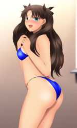 Rule 34 | 1girl, absurdres, ass, bare arms, bare legs, bare shoulders, bikini, black ribbon, blue bikini, blush, breasts, brown hair, cowboy shot, embarrassed, fate/stay night, fate (series), from behind, green eyes, hair ribbon, highres, indoors, legs, long hair, looking at viewer, open mouth, ribbon, shiny skin, sideboob, small breasts, solo, standing, swimsuit, thighs, tohsaka rin, twintails, yadokari genpachirou