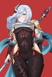 Rule 34 | 1girl, absurdres, bare shoulders, blue eyes, blush, bodysuit, breasts, covered navel, cowboy shot, genshin impact, hair over one eye, highres, hip vent, large breasts, nail polish, polearm, red background, shenhe (genshin impact), simple background, solo, thighs, underboob, weapon, white hair, yami (darknight449)