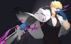 Rule 34 | 1boy, absurdres, blonde hair, blue eyes, blue gloves, dragon install, electricity, gloves, guilty gear, guilty gear strive, hair between eyes, highres, jacket, jacket on shoulders, ky kiske, looking at viewer, male focus, partially fingerless gloves, pectoral cleavage, pectorals, ran the egg yolk, short hair, simple background, thunderseal, white jacket