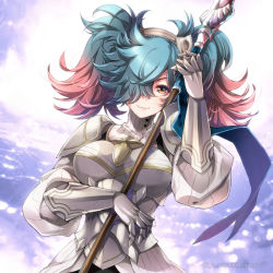 Rule 34 | 1girl, armor, blood, bloody weapon, blue hair, breastplate, curly hair, fire emblem, fire emblem fates, gauntlets, gradient background, hair over one eye, hairband, lance, looking at viewer, multicolored hair, nintendo, peri (fire emblem), pink hair, polearm, shoulder pads, shuri yasuyuki, smile, solo, spear, twintails, two-tone hair, upper body, weapon, yellow eyes